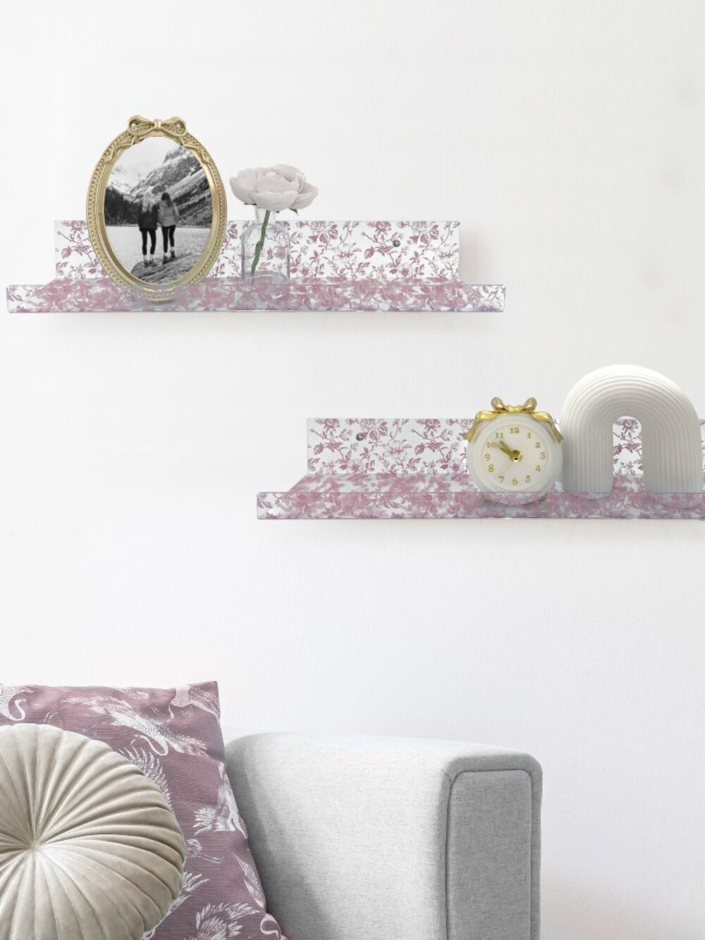 Pink Toile Acrylic Floating Wall Shelves, Set of 2